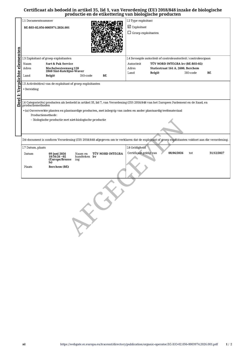 40197 SORT PAK BVW wet Vl 20260609 CER BE BIO 02 056 0003974 2026 001 96022 Pagina 1