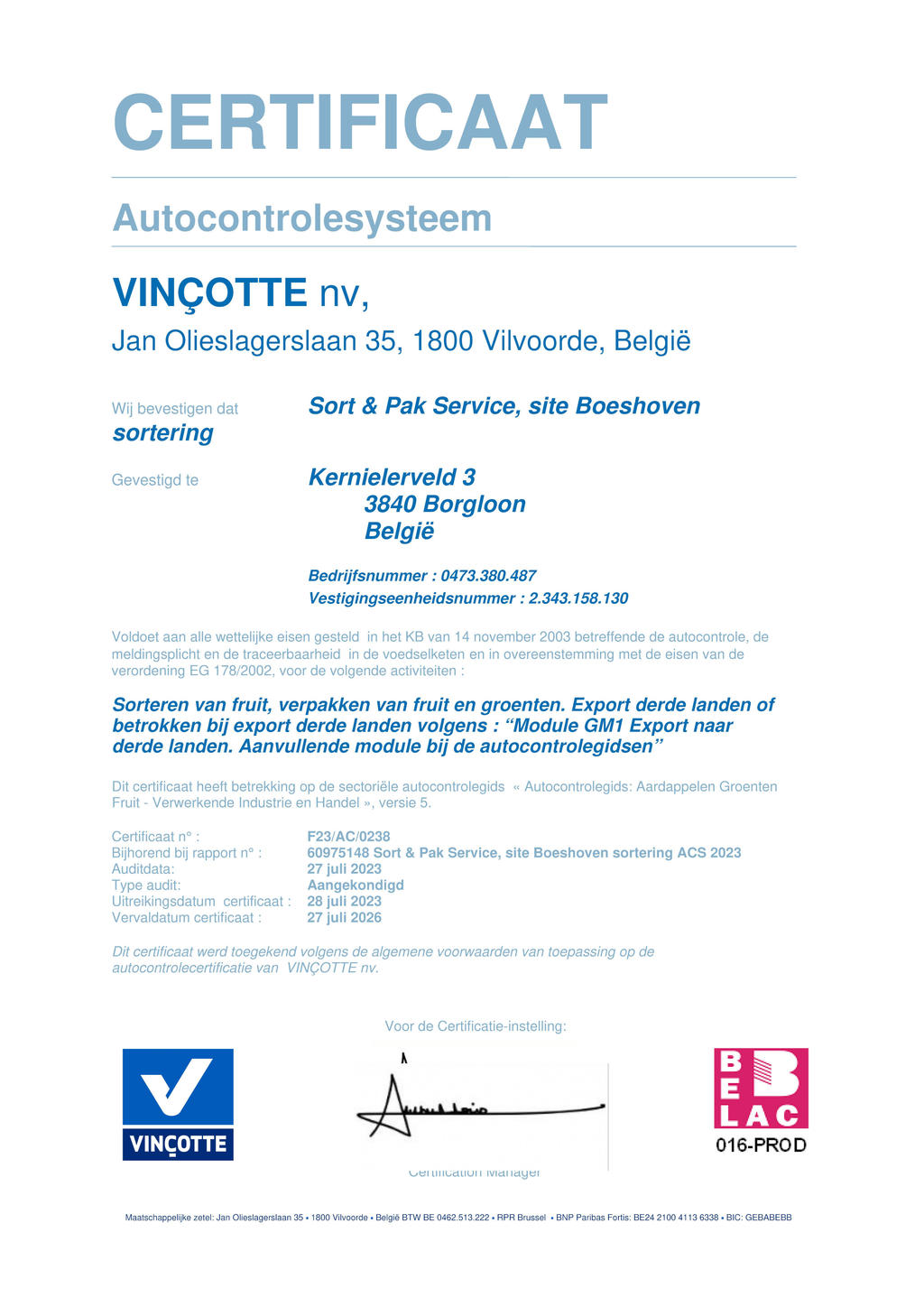 Vincotte Certificate